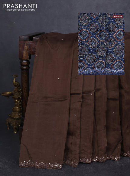 Satin organza silk saree brown and indigo blue with mirror embroidery work and ajrakh printed blouse