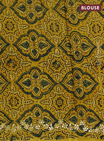 Satin organza silk saree green and mustard yellow with mirror embroidery work and ajrakh printed blouse