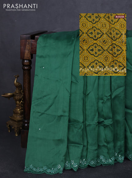 Satin organza silk saree green and mustard yellow with mirror embroidery work and ajrakh printed blouse