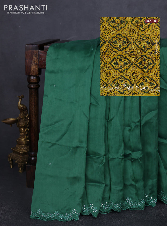 Satin organza silk saree green and mustard yellow with mirror embroidery work and ajrakh printed blouse