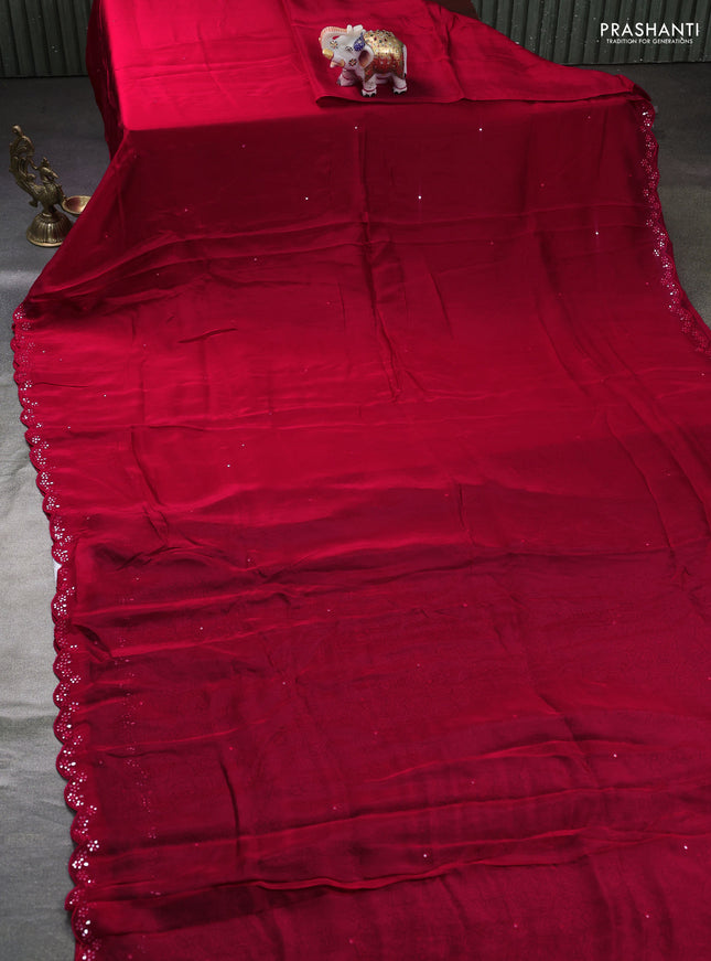 Satin organza silk saree red and black with mirror embroidery work and ajrakh printed blouse