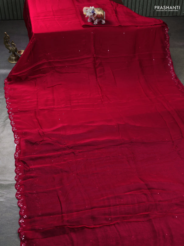 Satin organza silk saree red and black with mirror embroidery work and ajrakh printed blouse