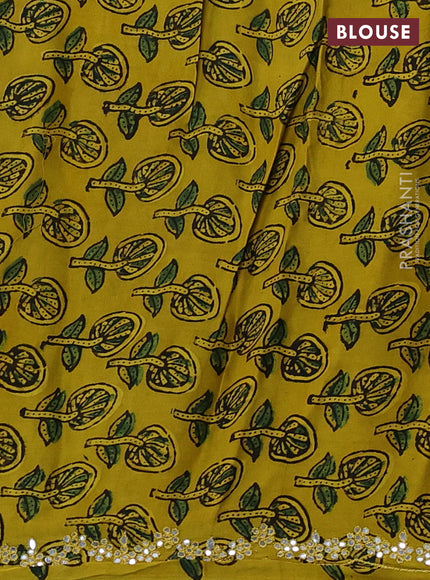 Satin organza silk saree pastel green and mustard yellow with mirror embroidery work and ajrakh printed blouse