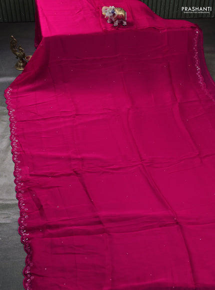 Satin organza silk saree pink and sap green with mirror embroidery work and ajrakh printed blouse