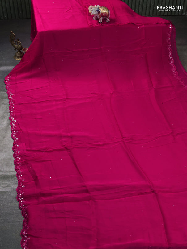 Satin organza silk saree pink and sap green with mirror embroidery work and ajrakh printed blouse