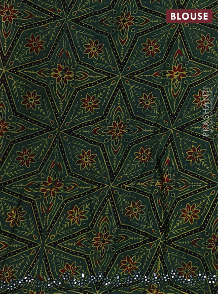 Satin organza silk saree pink and sap green with mirror embroidery work and ajrakh printed blouse