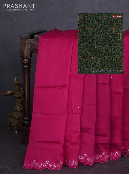Satin organza silk saree pink and sap green with mirror embroidery work and ajrakh printed blouse