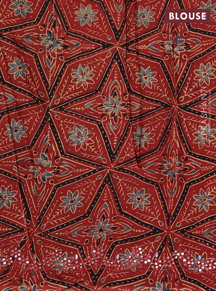 Satin organza silk saree beige and rustic maroon with mirror embroidery work and ajrakh printed blouse