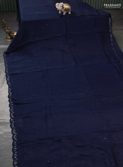 Satin organza silk saree navy bluw and cream with mirror embroidery work and ajrakh printed blouse