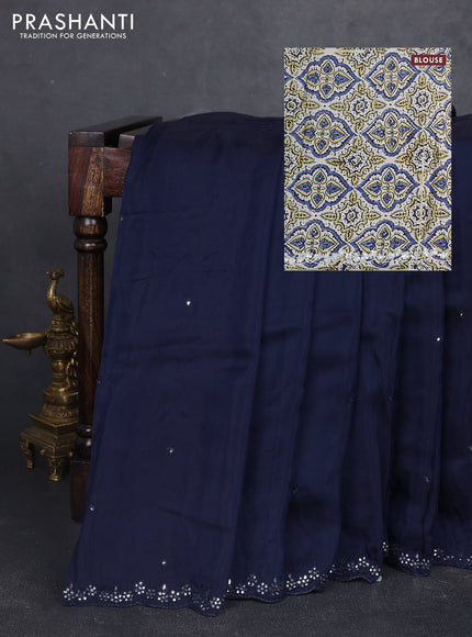 Satin organza silk saree navy bluw and cream with mirror embroidery work and ajrakh printed blouse