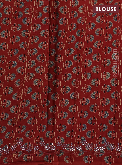 Satin organza silk saree mustard yellow and rustic maroon with mirror embroidery work and ajrakh printed blouse