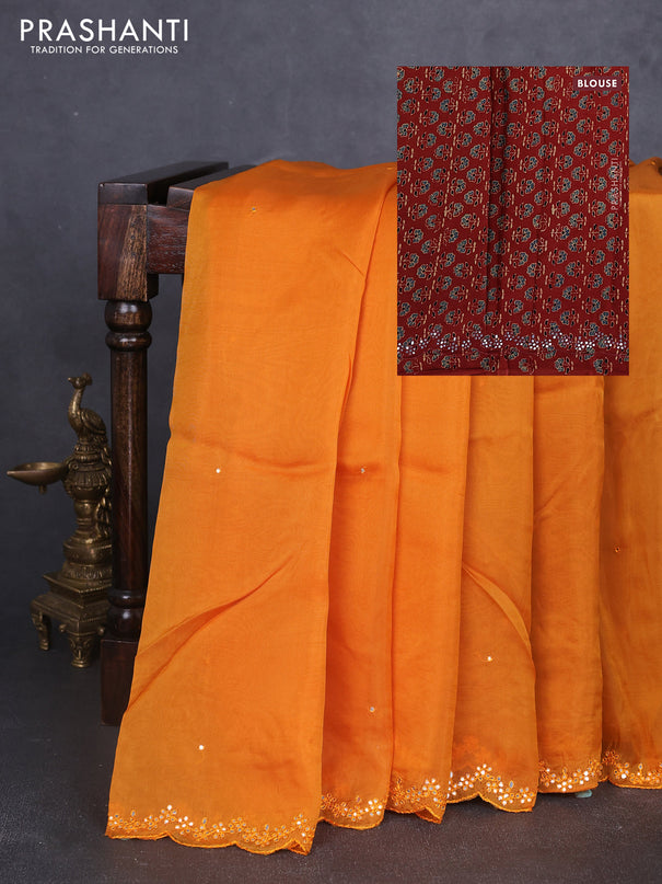 Satin organza silk saree mustard yellow and rustic maroon with mirror embroidery work and ajrakh printed blouse