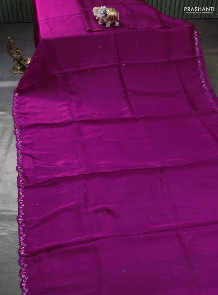 Satin organza silk saree purple and indigo blue with mirror embroidery work and ajrakh printed blouse