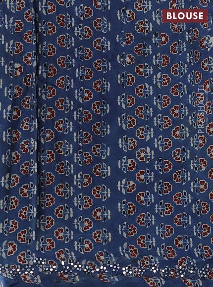 Satin organza silk saree purple and indigo blue with mirror embroidery work and ajrakh printed blouse