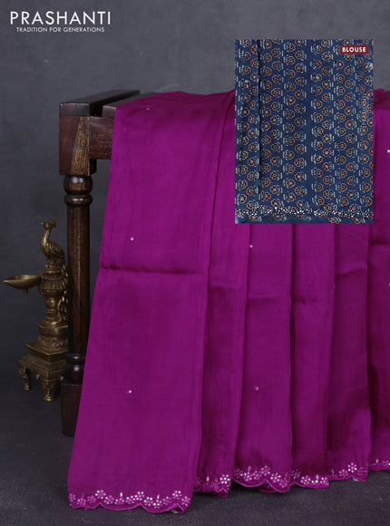 Satin organza silk saree purple and indigo blue with mirror embroidery work and ajrakh printed blouse
