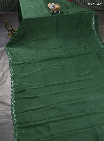 Satin organza silk saree green and black with mirror embroidery work and ajrakh printed blouse