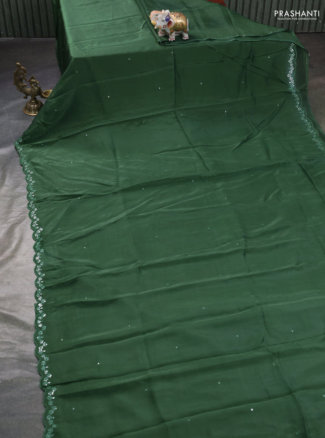 Satin organza silk saree green and black with mirror embroidery work and ajrakh printed blouse