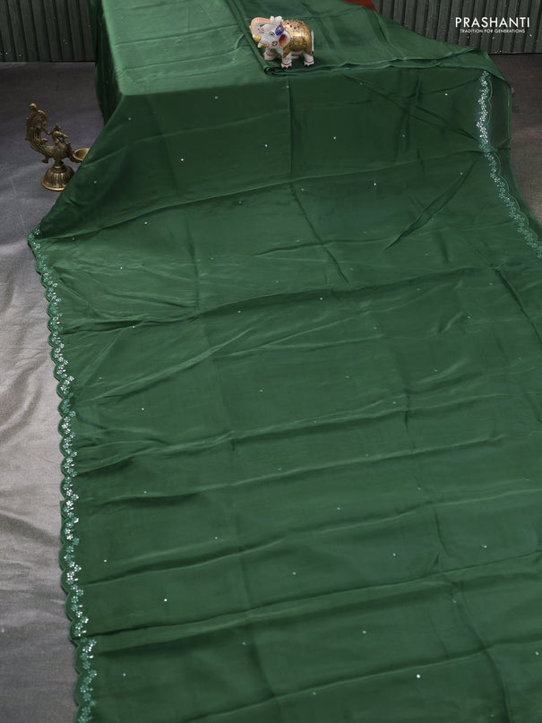 Satin organza silk saree green and black with mirror embroidery work and ajrakh printed blouse