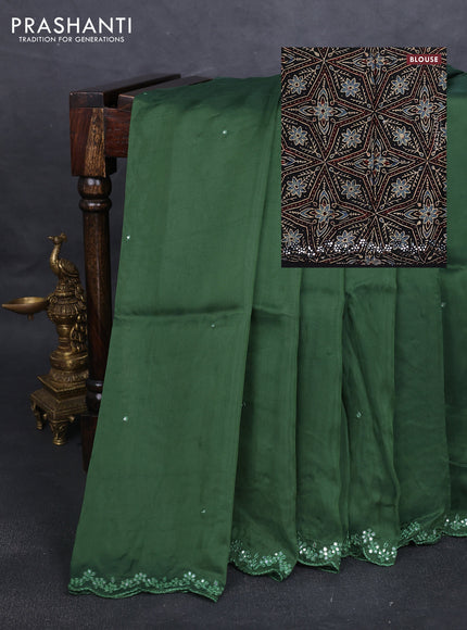 Satin organza silk saree green and black with mirror embroidery work and ajrakh printed blouse