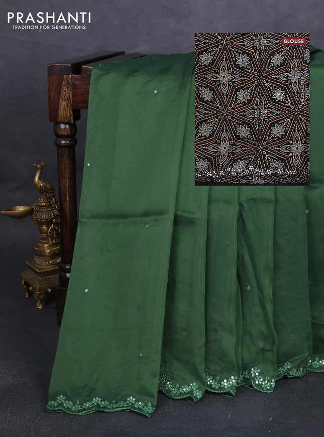 Satin organza silk saree green and black with mirror embroidery work and ajrakh printed blouse