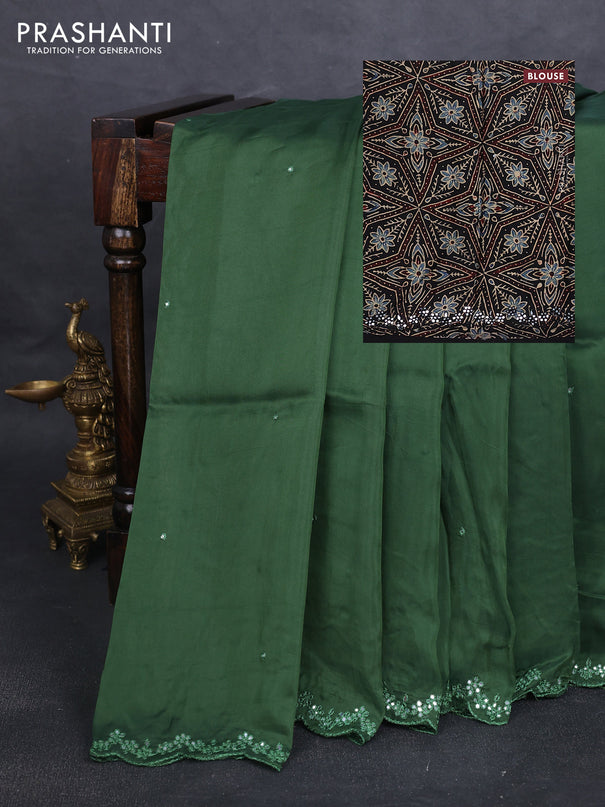 Satin organza silk saree green and black with mirror embroidery work and ajrakh printed blouse