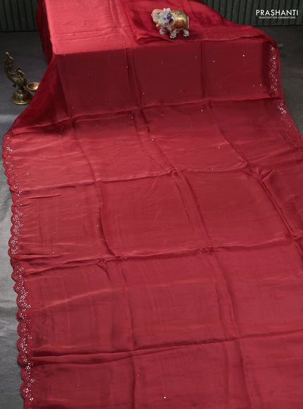Satin organza silk saree red shade and sap green with mirror embroidery work and ajrakh printed blouse