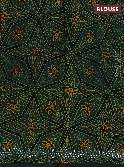 Satin organza silk saree red shade and sap green with mirror embroidery work and ajrakh printed blouse