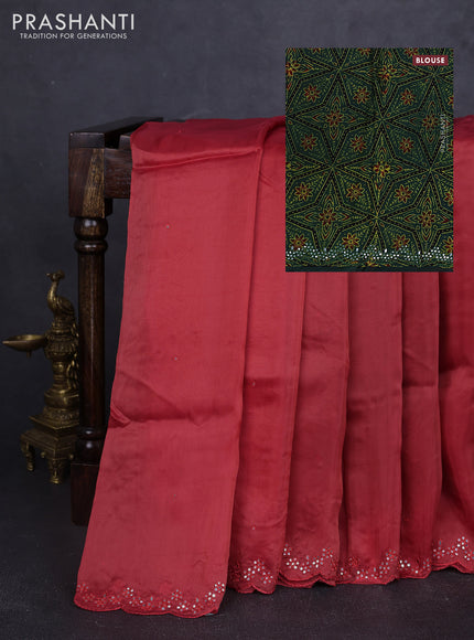 Satin organza silk saree red shade and sap green with mirror embroidery work and ajrakh printed blouse