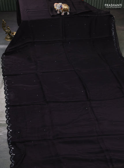 Satin organza silk saree deep coffee brown and mustard yellow with mirror embroidery work and ajrakh printed blouse