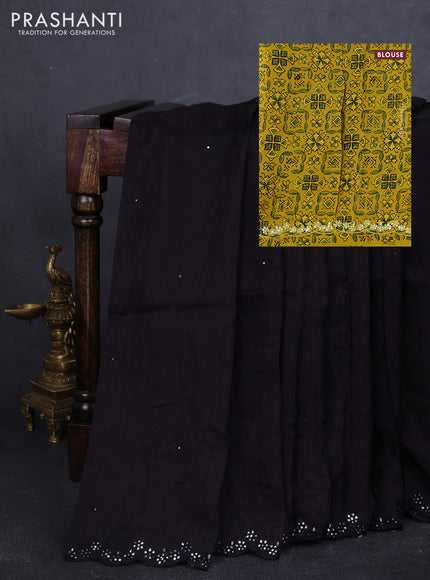 Satin organza silk saree deep coffee brown and mustard yellow with mirror embroidery work and ajrakh printed blouse