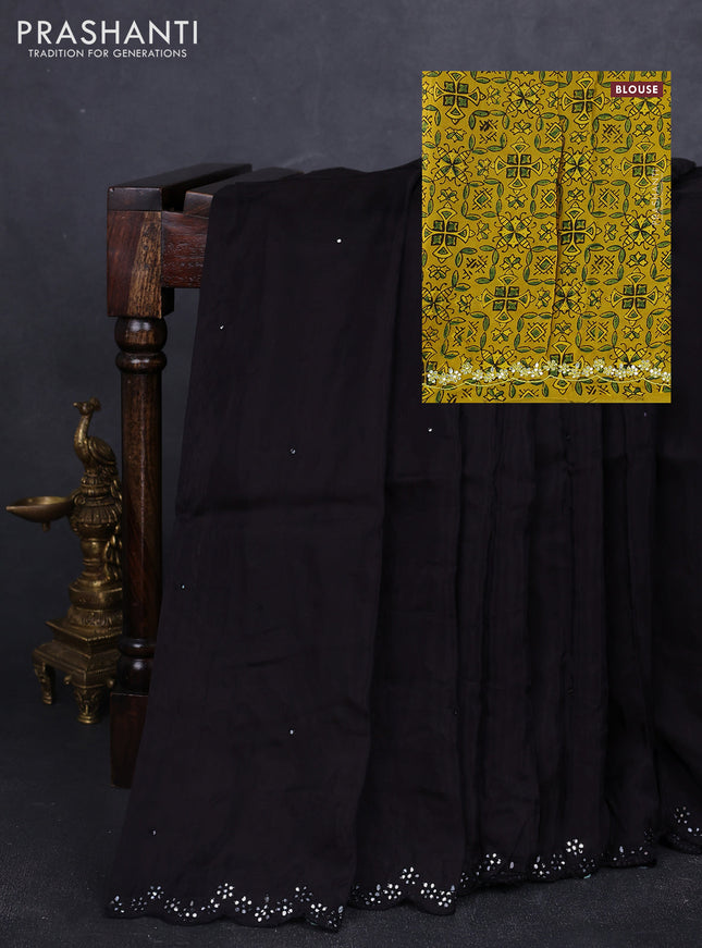 Satin organza silk saree deep coffee brown and mustard yellow with mirror embroidery work and ajrakh printed blouse