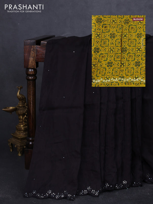 Satin organza silk saree deep coffee brown and mustard yellow with mirror embroidery work and ajrakh printed blouse
