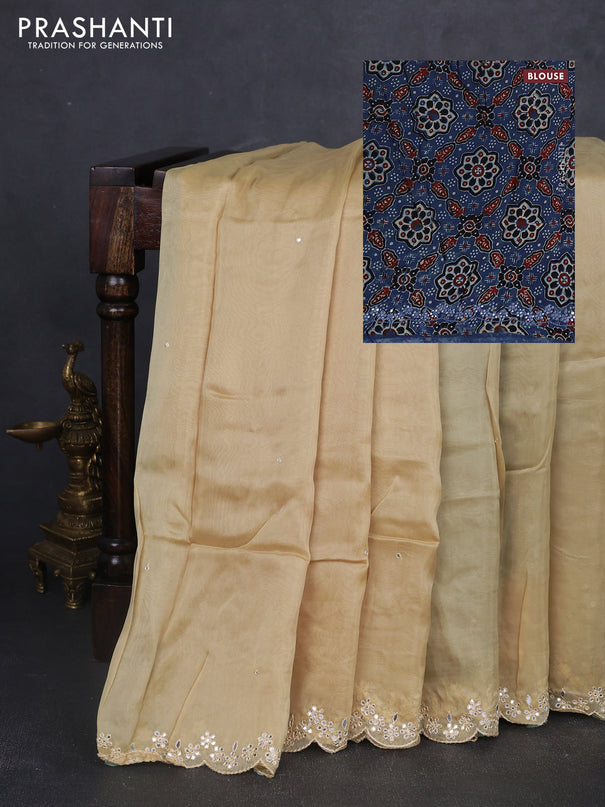 Satin organza silk saree cream and indigo blue with mirror embroidery work and ajrakh printed blouse