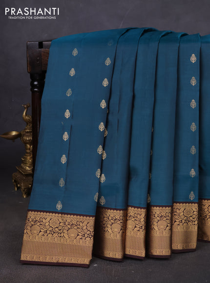 Pure soft silk saree peacock green and brown with allover zari woven buttas and zari woven floral border