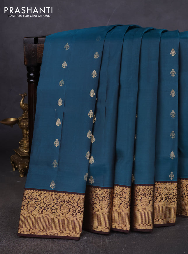 Pure soft silk saree peacock green and brown with allover zari woven buttas and zari woven floral border