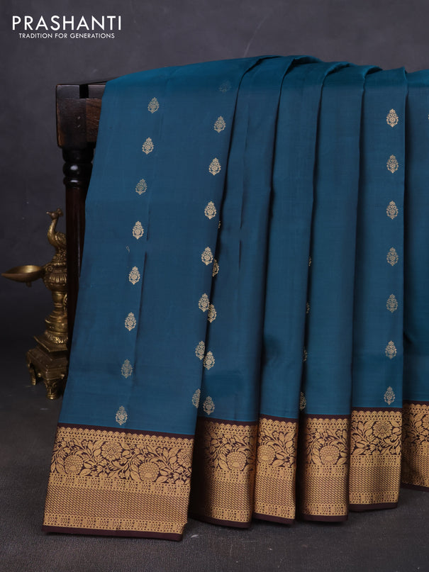 Pure soft silk saree peacock green and brown with allover zari woven buttas and zari woven floral border