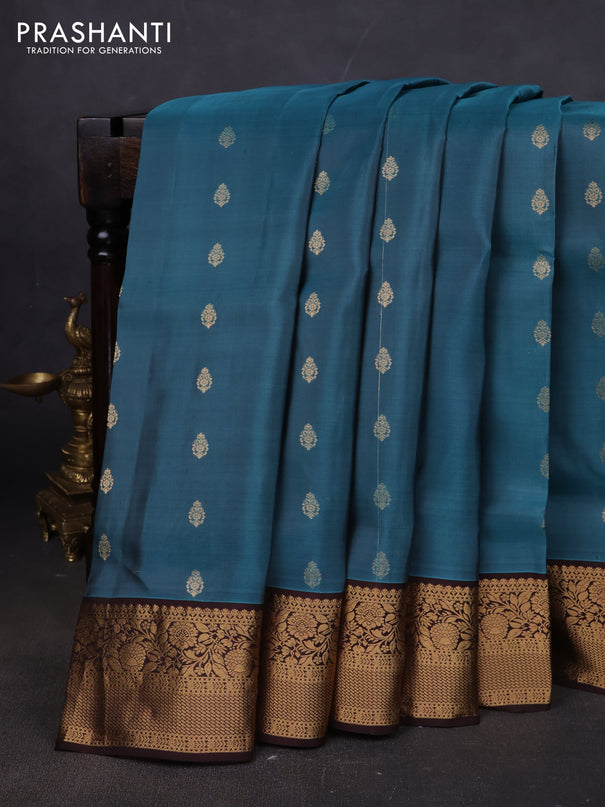 Pure soft silk saree pastel blue shade and brown with allover zari woven buttas and zari woven floral border