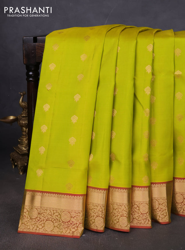 Pure soft silk saree lime yellow and dual shade of pinkish green with allover zari woven buttas and zari woven floral border
