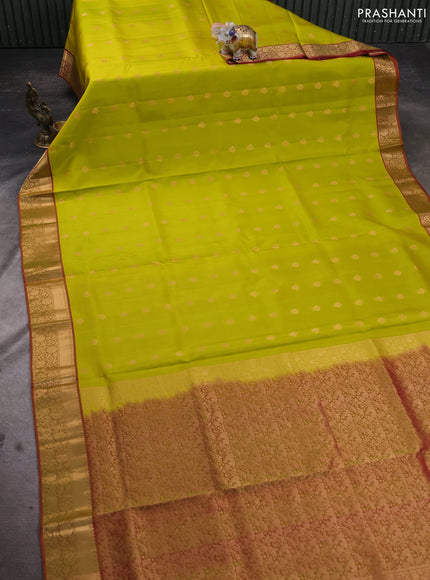 Pure soft silk saree lime yellow and dual shade of pinkish green with allover zari woven buttas and zari woven floral border
