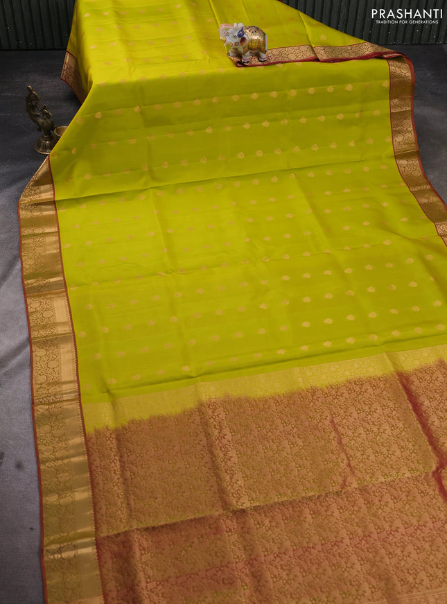 Pure soft silk saree lime yellow and dual shade of pinkish green with allover zari woven buttas and zari woven floral border
