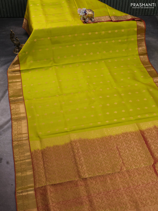 Pure soft silk saree lime yellow and dual shade of pinkish green with allover zari woven buttas and zari woven floral border