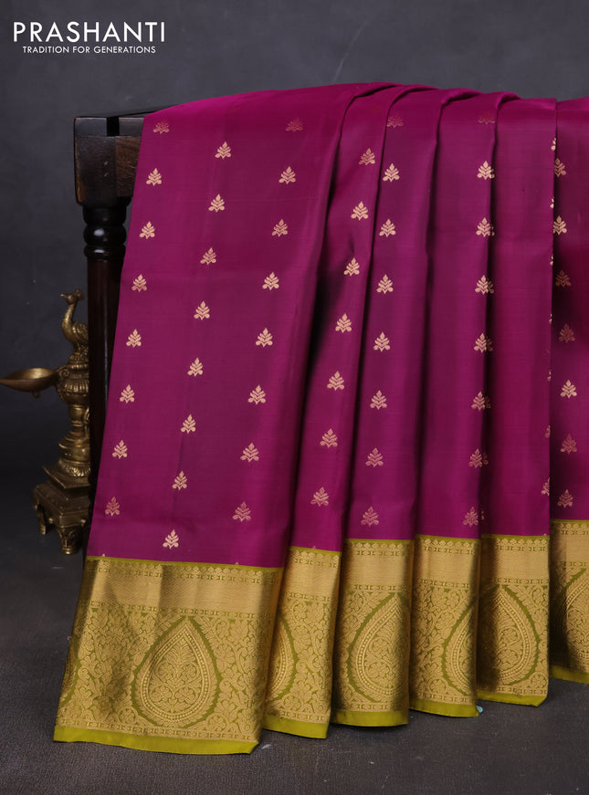 Pure soft silk saree purple and mehendi green with allover zari woven buttas and rich zari woven border