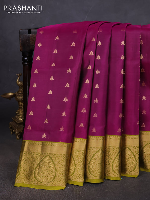 Pure soft silk saree purple and mehendi green with allover zari woven buttas and rich zari woven border