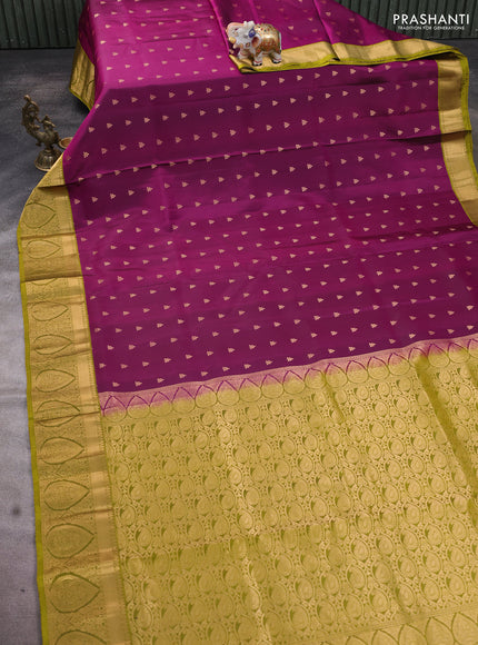 Pure soft silk saree purple and mehendi green with allover zari woven buttas and rich zari woven border
