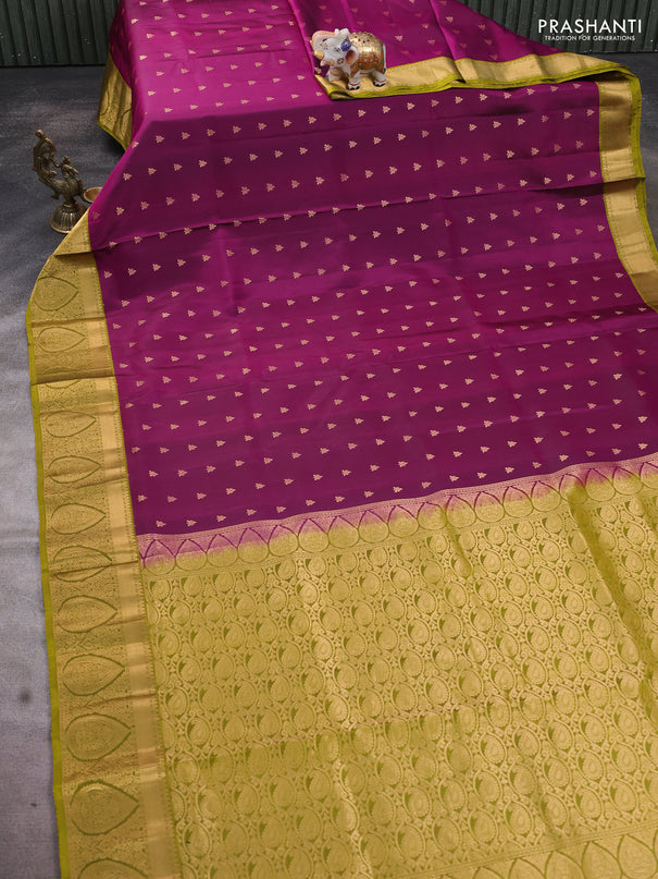 Pure soft silk saree purple and mehendi green with allover zari woven buttas and rich zari woven border