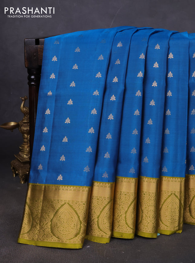 Pure soft silk saree cs blue and mehendi green with allover zari woven buttas and rich zari woven border