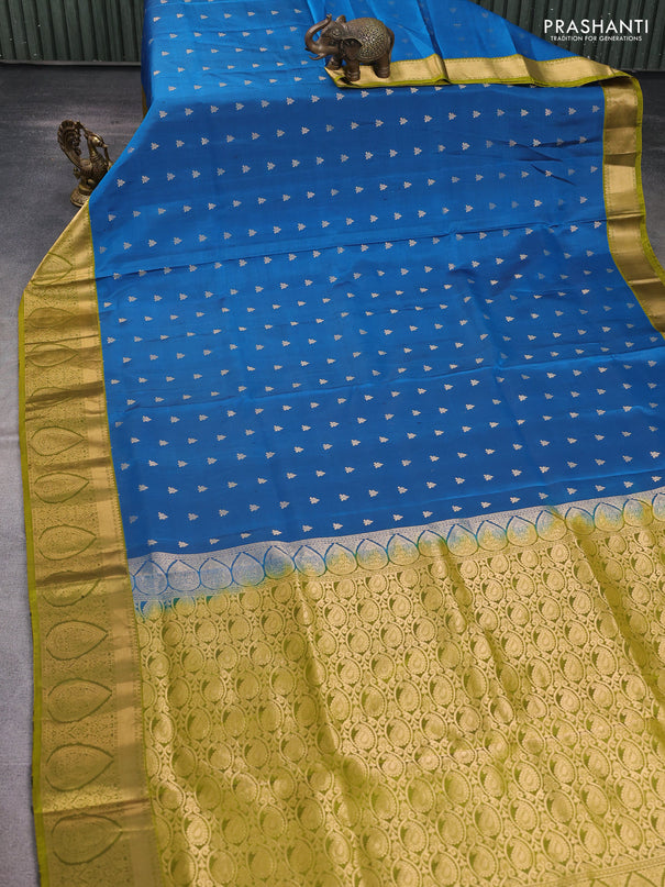 Pure soft silk saree cs blue and mehendi green with allover zari woven buttas and rich zari woven border