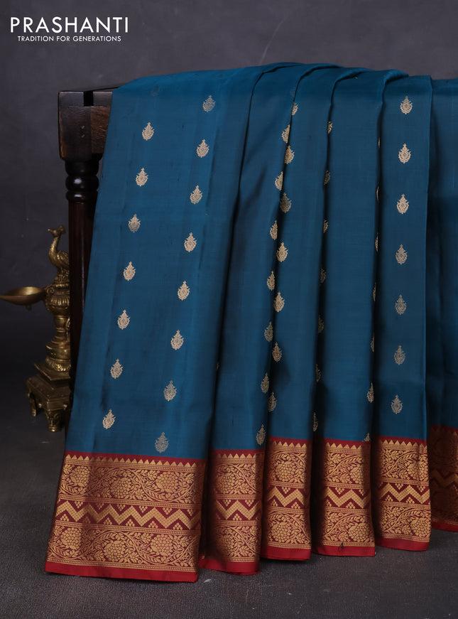 Pure soft silk saree peacock blue and maroon with allover zari woven buttas and zari woven border