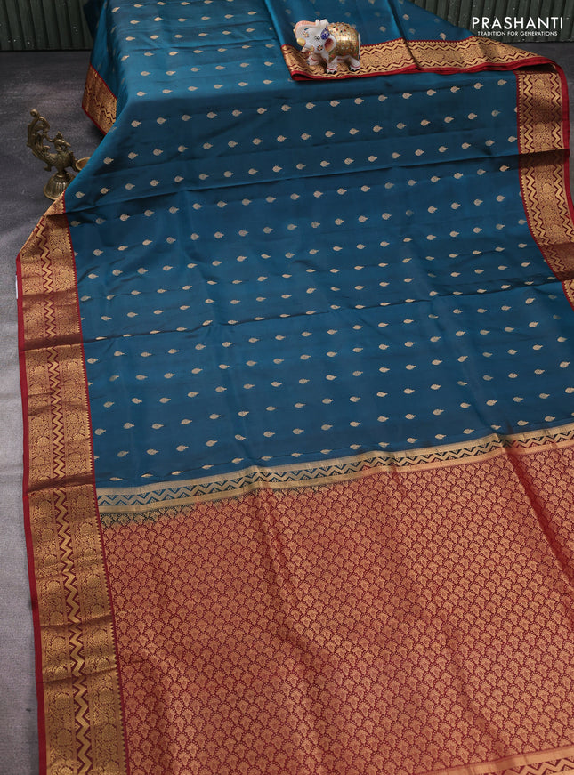 Pure soft silk saree peacock blue and maroon with allover zari woven buttas and zari woven border