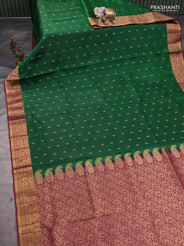 Pure soft silk saree green and dark magenta pink with allover zari woven buttas and zari woven floral border